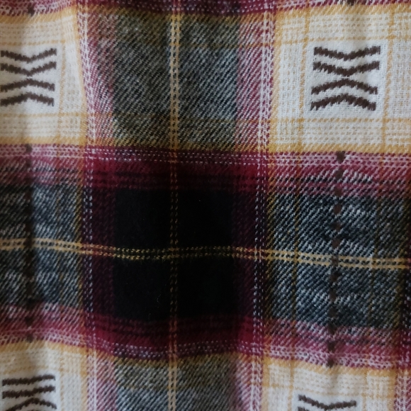 PacSun Womens Medium Burgundy Yellow "Care Free" Patch Plaid Flannel Button Up - Picture 7 of 11